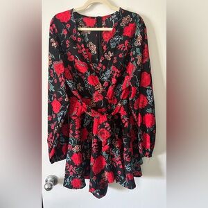 Womens Romper - VNeck - Long Baggy Sleeve - Waist Tie - Double Layer Ruffle Hem